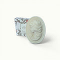 Lise Fiola Creations artisanal cameo soap bar with detailed floral relief design and matching botanical gift box.