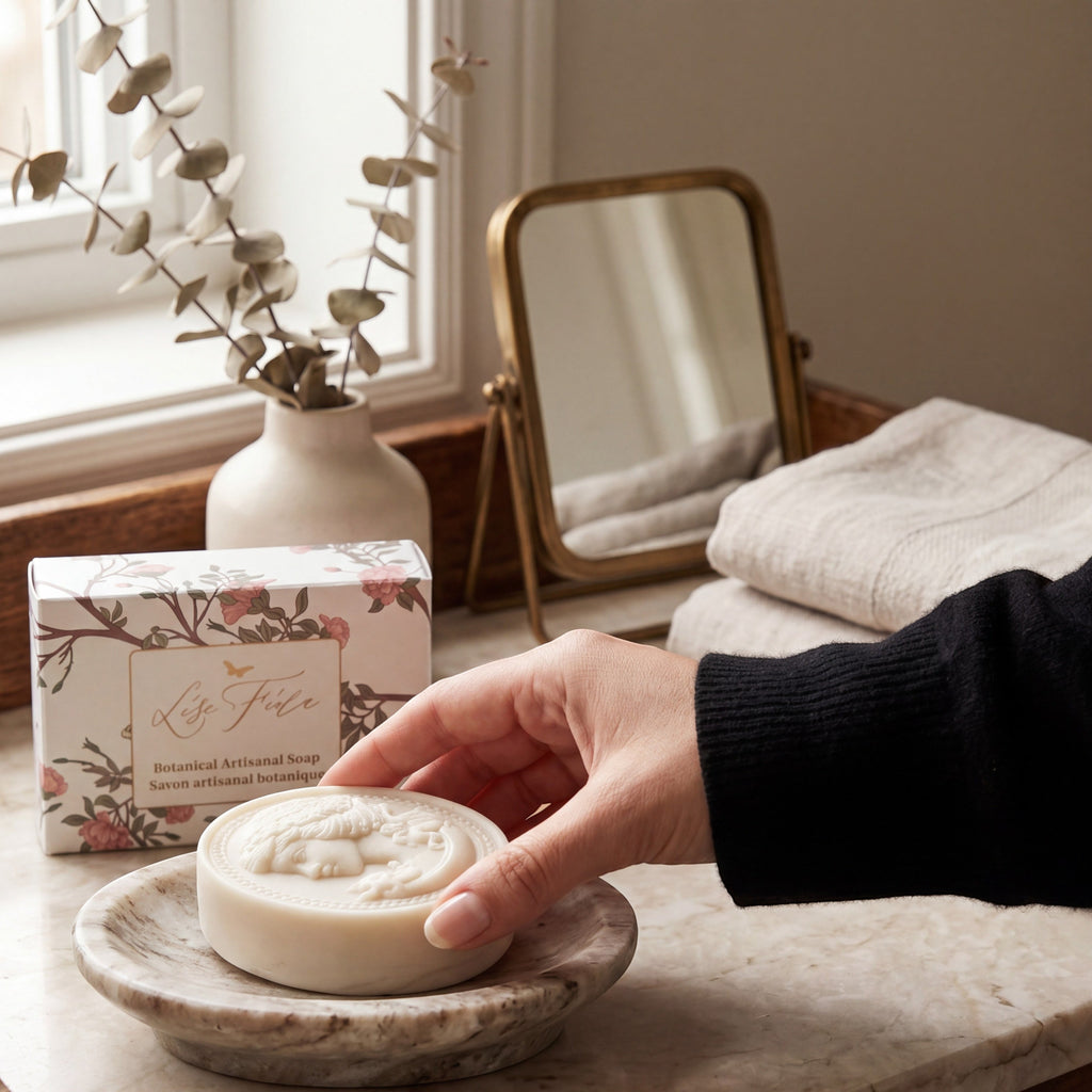 Lise Fiola Creations artisanal cameo soap bar held by a hand near a floral box, mirror, and eucalyptus in a bathroom.