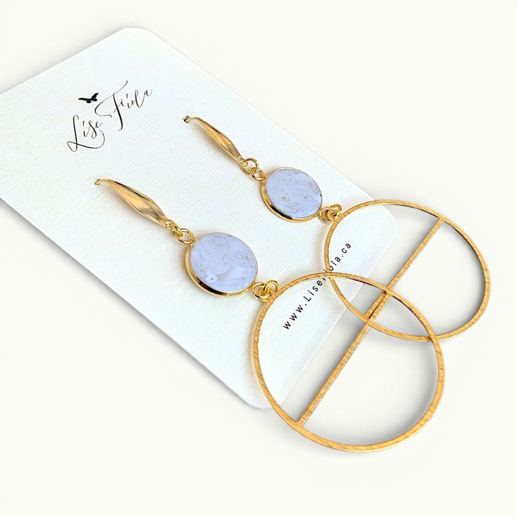 Lise Fiola Creations Delicate Luna earrings featuring gold-plated brass, stainless steel, and marbled polymer clay.