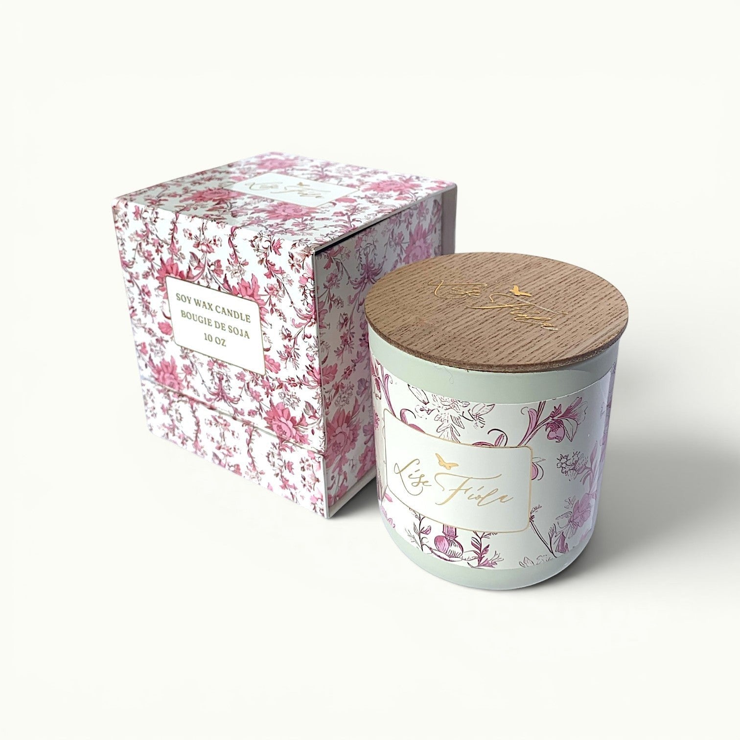 Lise Fiola Creations 10 oz soy wax candle with floral pattern, wooden lid, and matching magnetic keepsake gift box.