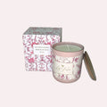 Lise Fiola Creations 10 oz soy wax candle in a floral pink vessel with matching magnetic keepsake gift box.