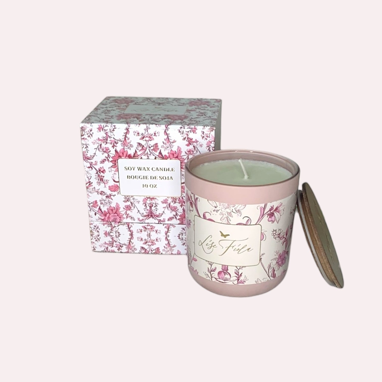 Lise Fiola Creations 10 oz soy wax candle in a floral pink vessel with matching magnetic keepsake gift box.