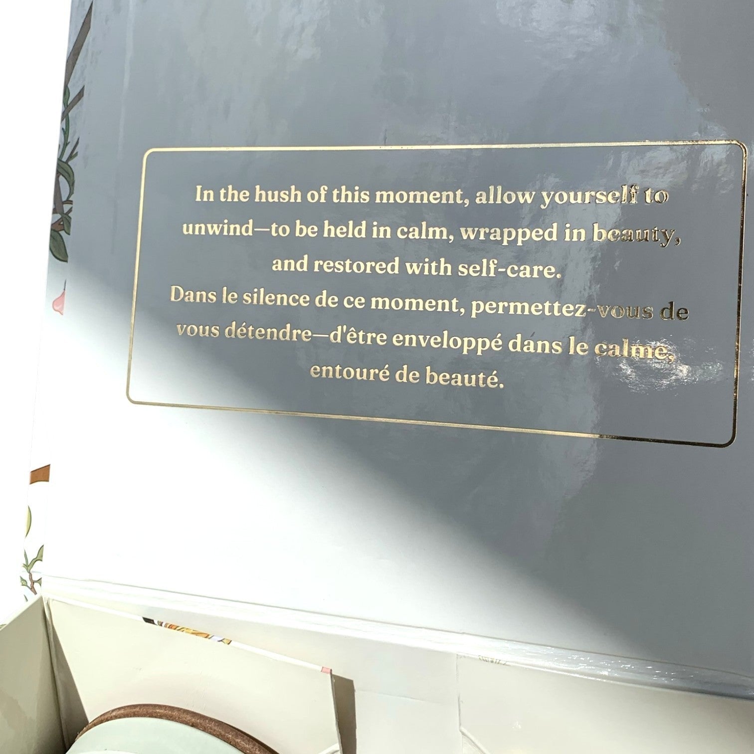 Lise Fiola Creations luxury gift set box interior with gold foil inspirational quote in English and French