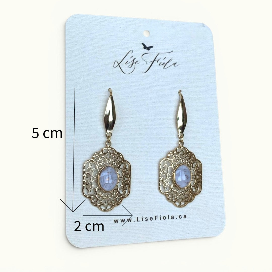 Lise Fiola Creations vintage-inspired gold filigree earrings with marbled cabochon accents on a display card.