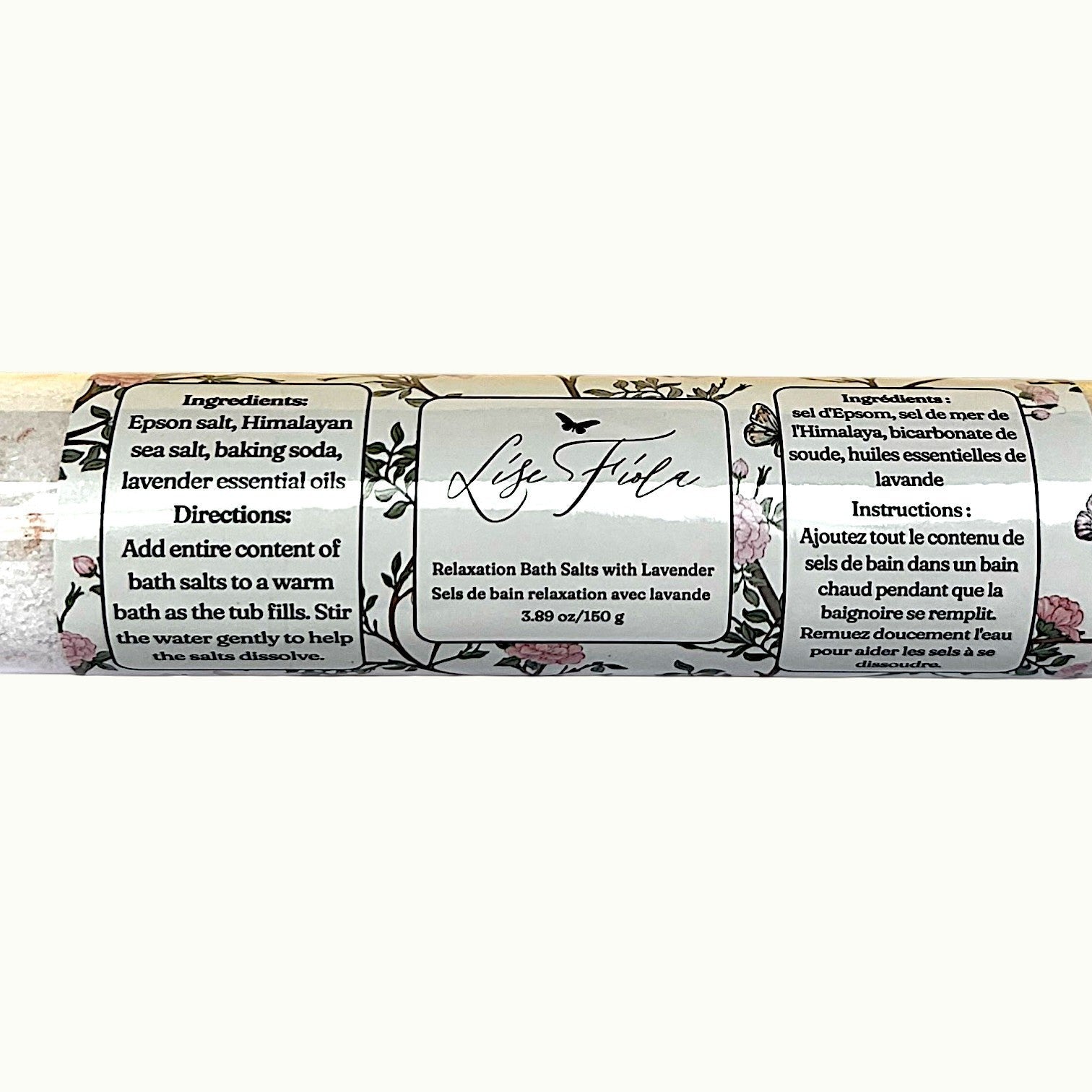 Lise Fiola Creations relaxation bath salts label with lavender floral design, ingredients, and directions in 150g size