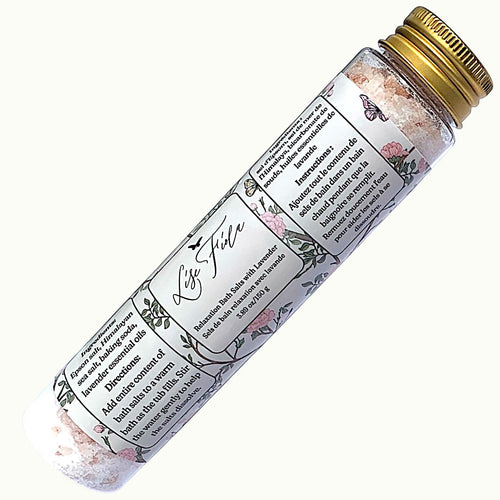 Lise Fiola Creations Relaxation Bath Salts in a glass tube with pink floral label and gold cap