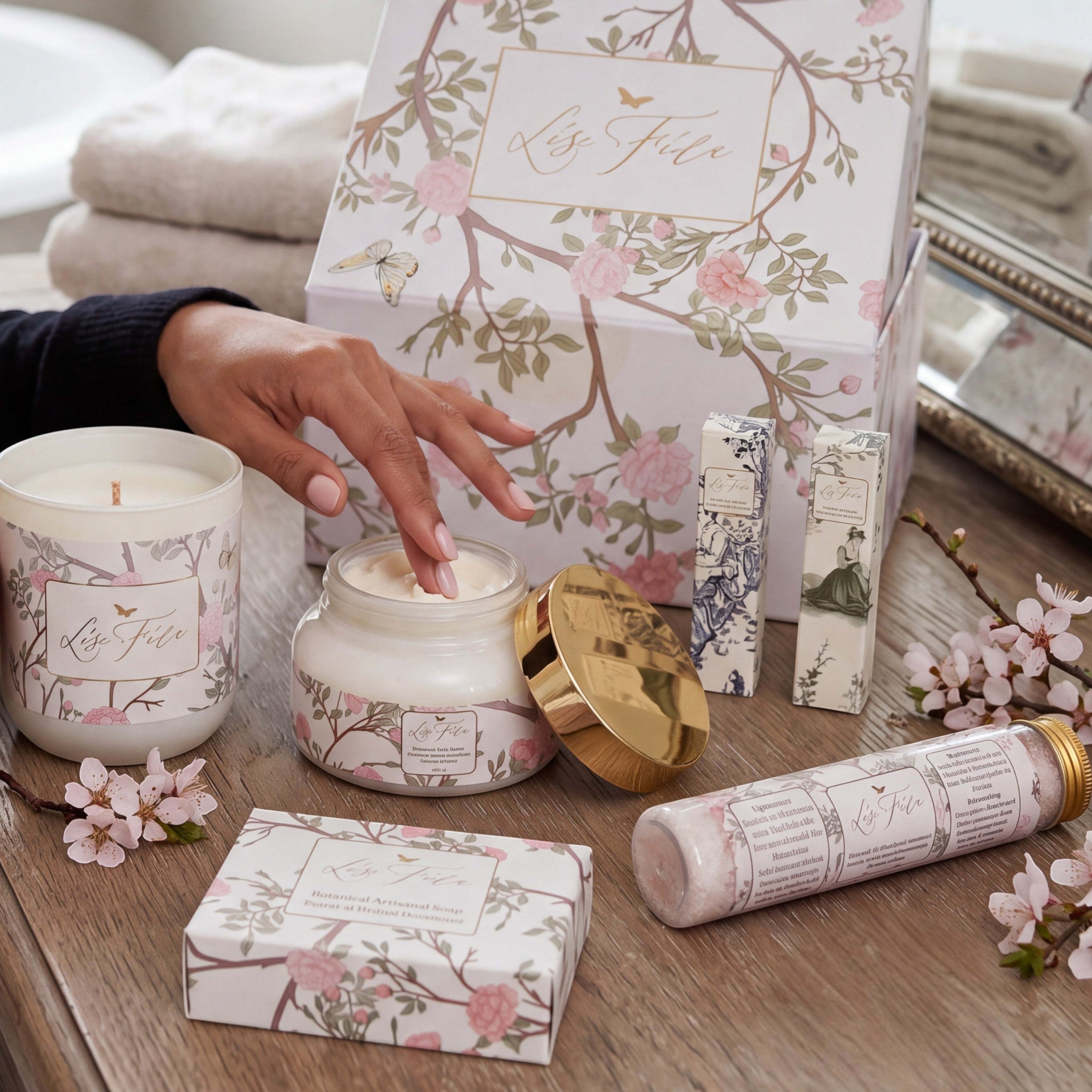 Lise Fiola Creations Luxurious Retreat gift set featuring body butter, soap, candle, and bath salts in floral packaging.