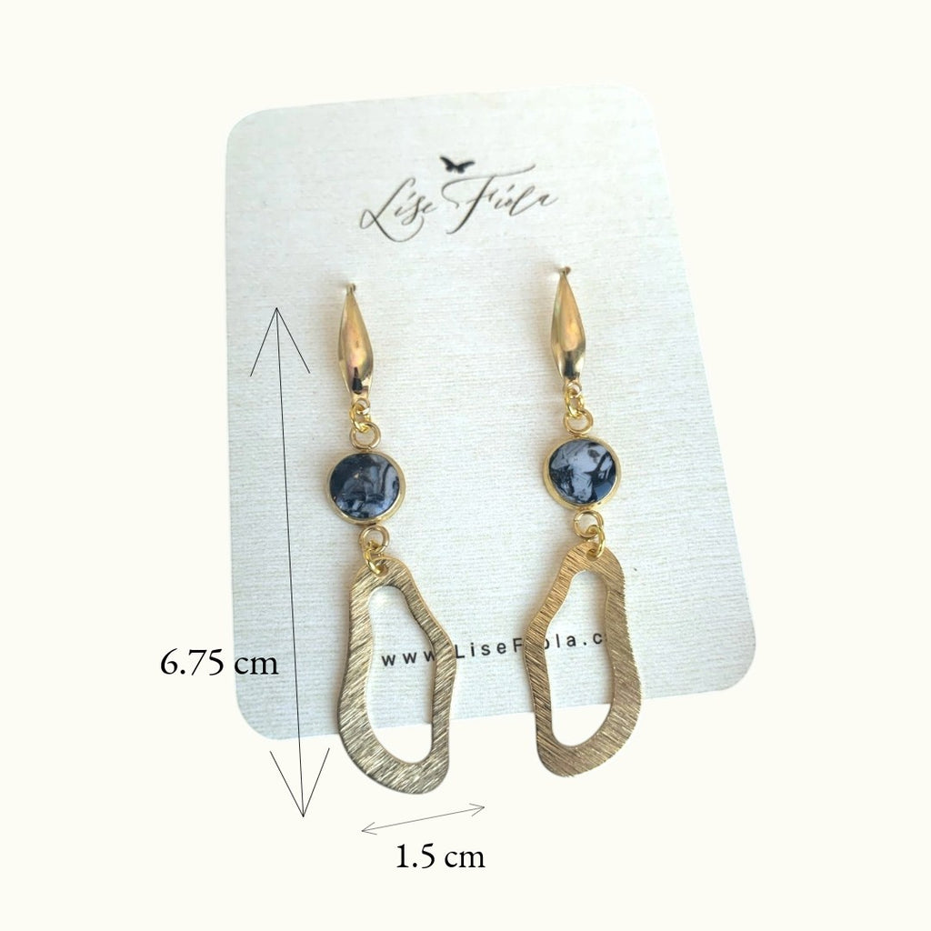 Lise Fiola Creations handmade statement earrings featuring marbled polymer clay, brass, and 18k gold-plated accents.