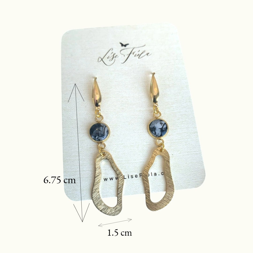Lise Fiola Creations handmade statement earrings featuring marbled polymer clay, brass, and 18k gold-plated accents.