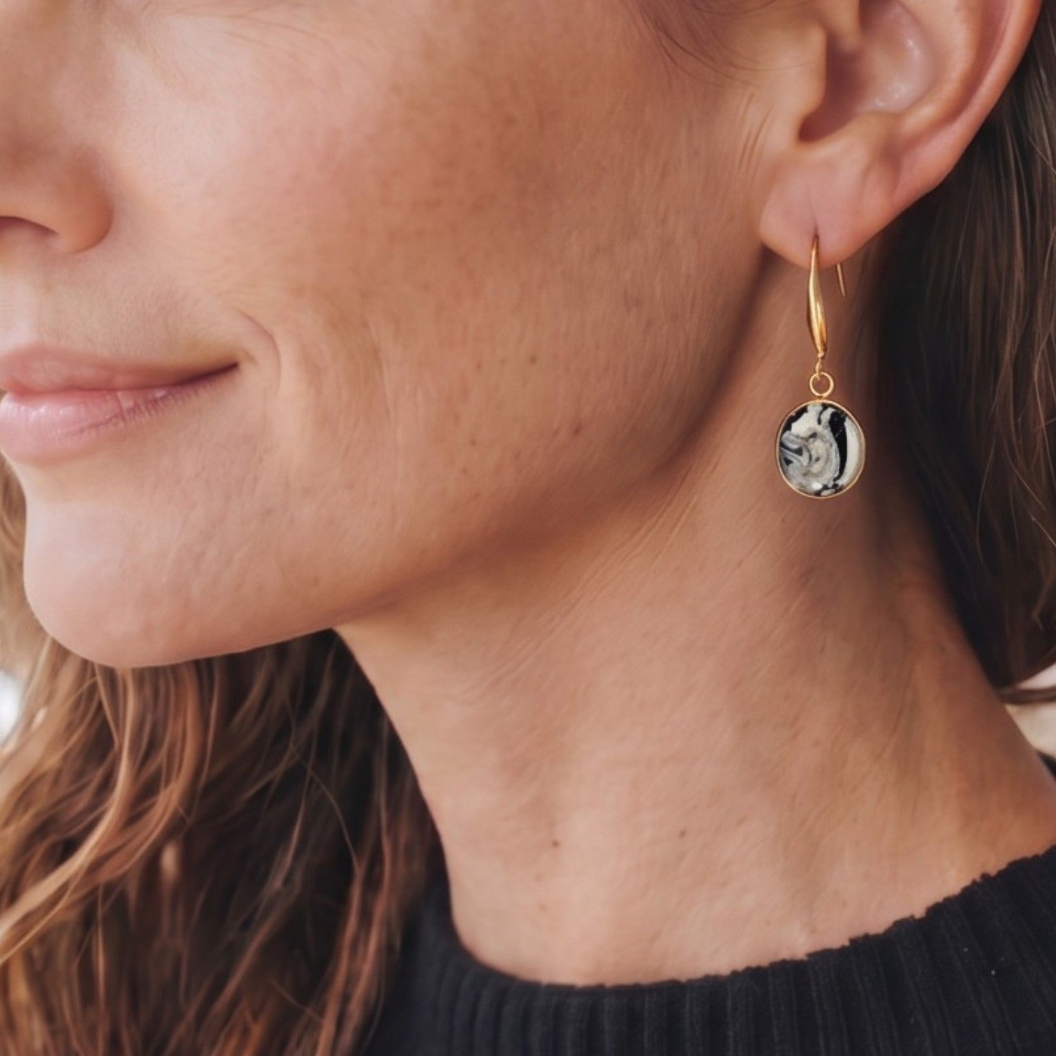 Lise Fiola Creations handmade polymer clay earrings with black, grey, white marble patterns and 18k gold-plated brass.