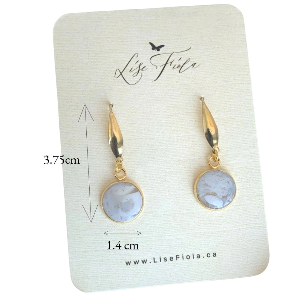 Lise Fiola Creations handmade polymer clay earrings featuring marbled grey and white discs with 18k gold-plated accents.