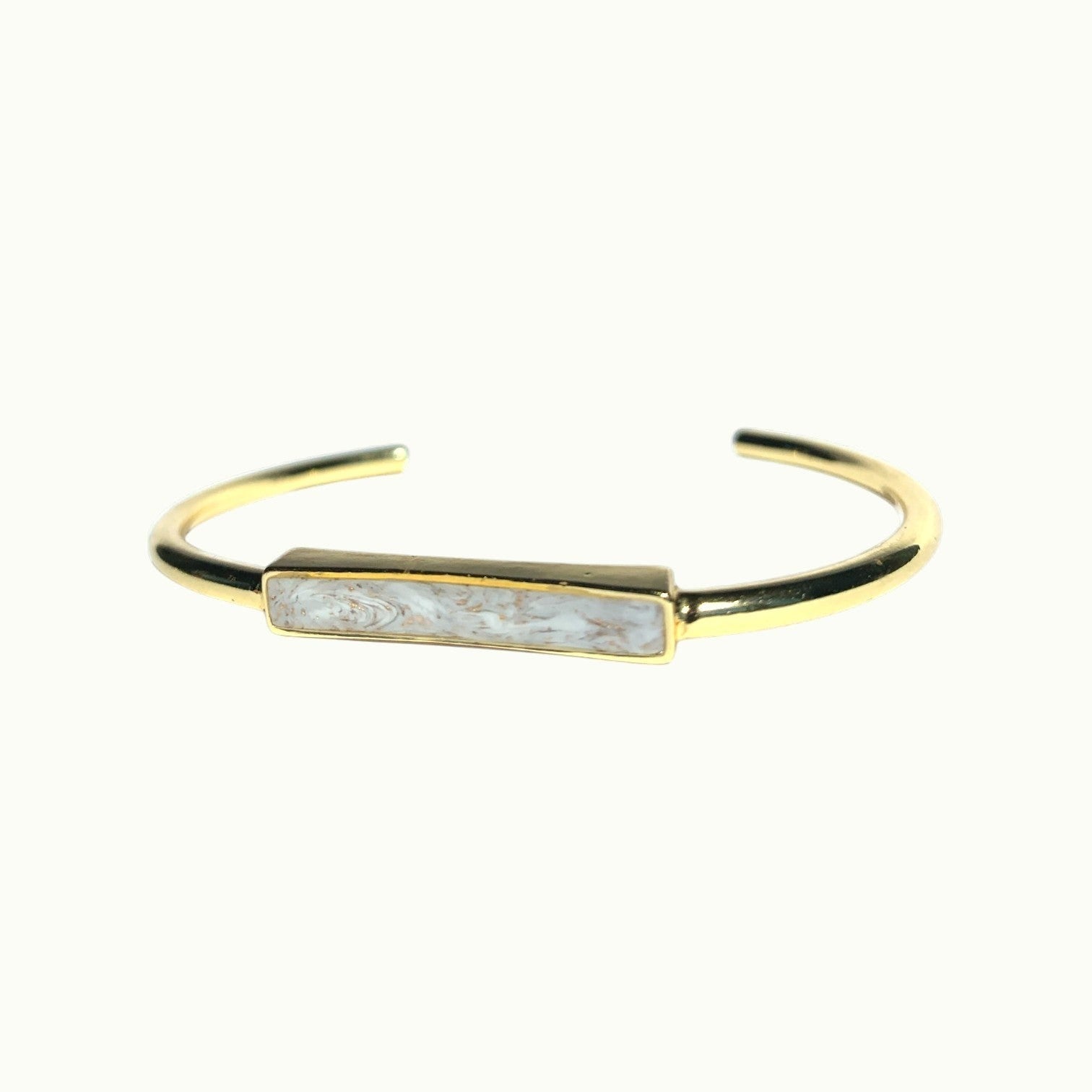 Lise Fiola Creations adjustable bangle bracelet with a marbled polymer clay bar and 18k gold plated brass band.