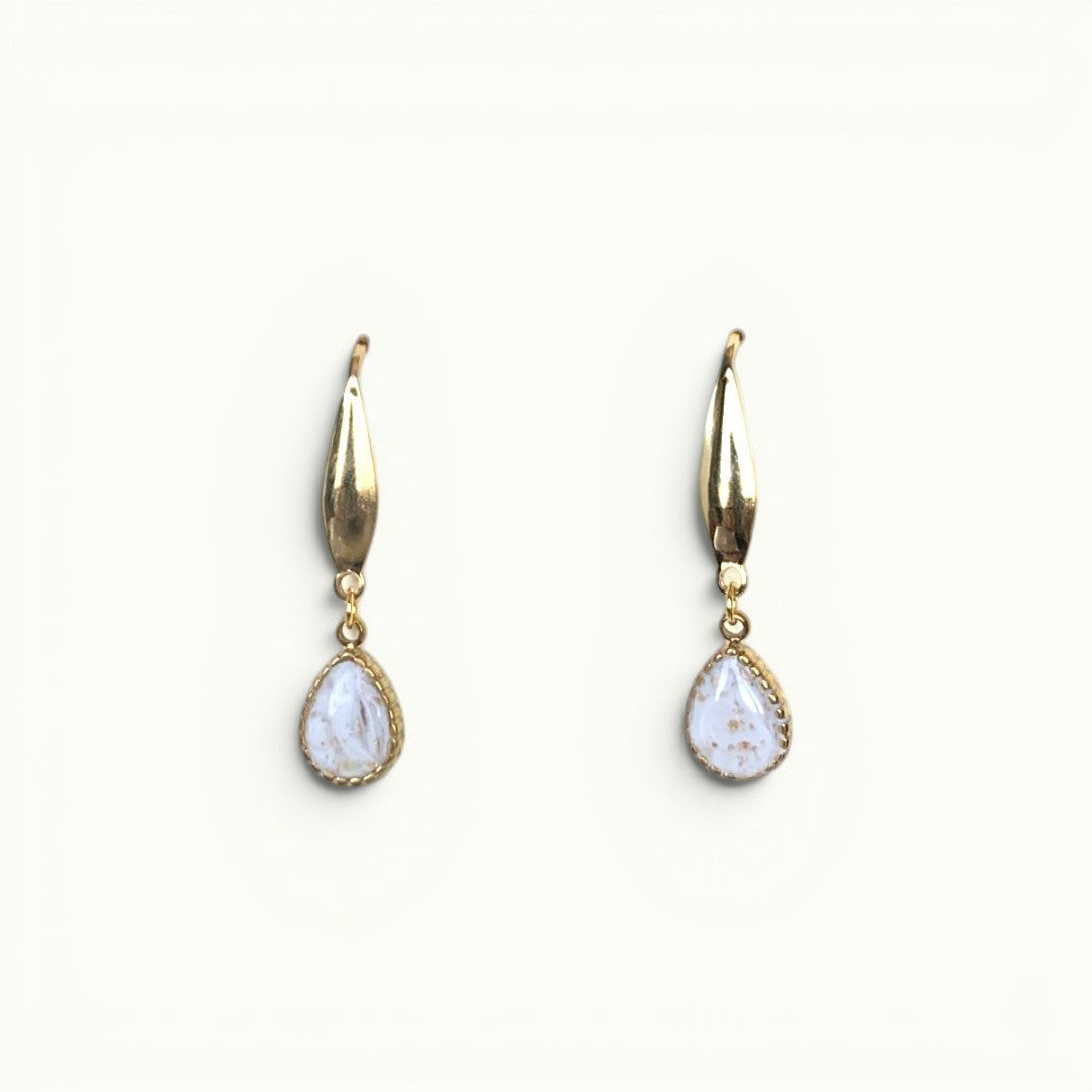 Lise Fiola Creations Dot Drop earrings featuring marbled beige and white polymer clay with 14k gold-plated accents.