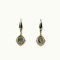 Lise Fiola Creations handmade earrings with marbled grey and gold polymer clay set in 18k gold-plated brass frames.
