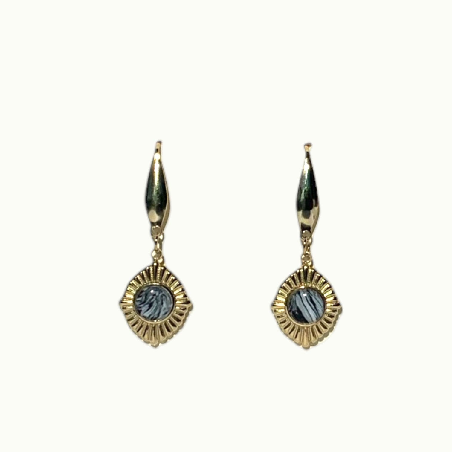 Lise Fiola Creations handmade earrings with marbled grey and gold polymer clay set in 18k gold-plated brass frames.