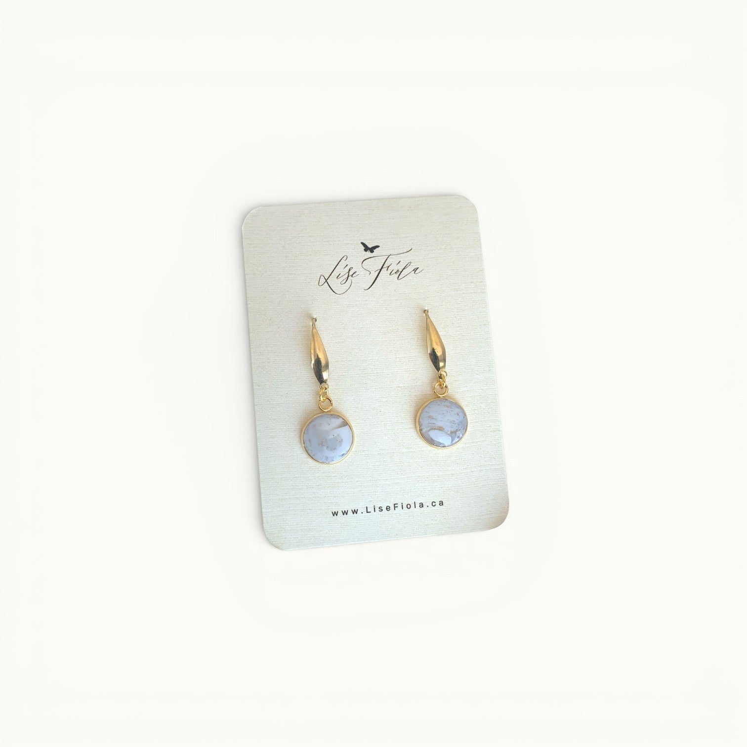 Lise Fiola Creations Forever light earrings featuring marbled grey and white polymer clay with 18k gold-plated brass.