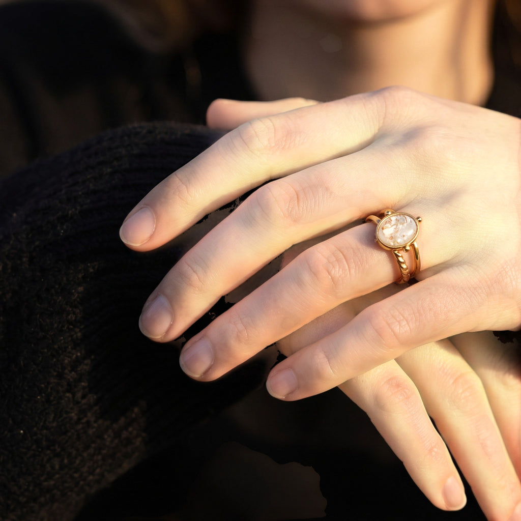 Lise Fiola Creations handmade adjustable ring with a marbled beige and gold polymer clay stone on a gold band.