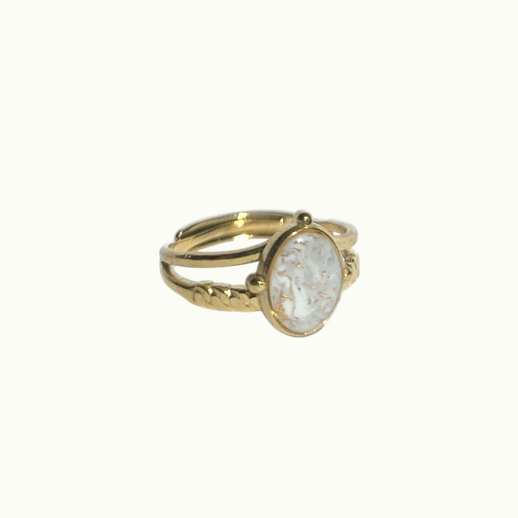 Lise Fiola Creations handmade adjustable ring with a marbled beige and gold polymer clay inlay on a gold plated band.