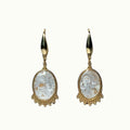 Lise Fiola Creations oval drop earrings featuring marbled grey, white, and gold clay with 18k gold-plated brass accents.