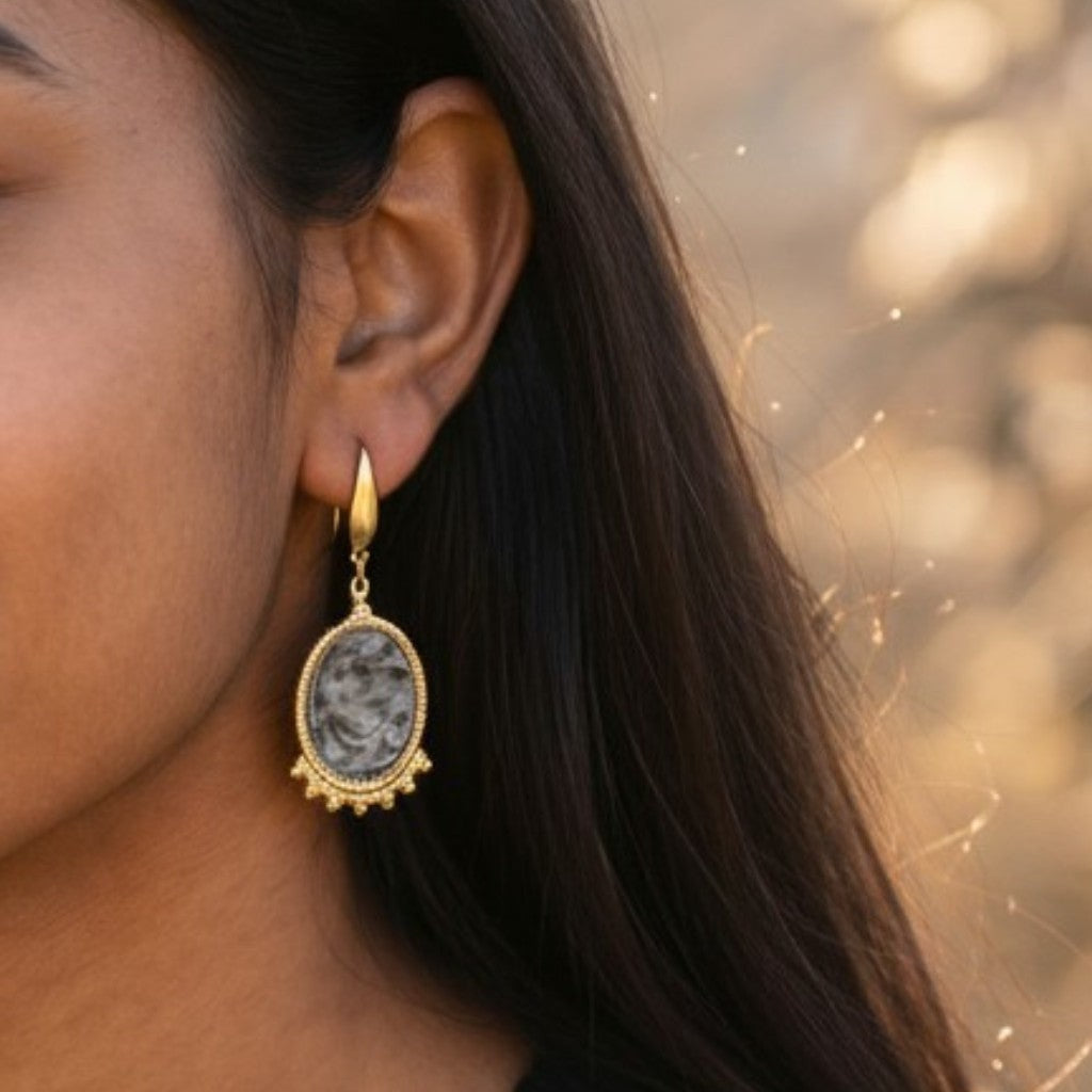 Lise Fiola Creations oval drop earrings featuring marbled grey and gold polymer clay with 18k gold-plated brass accents