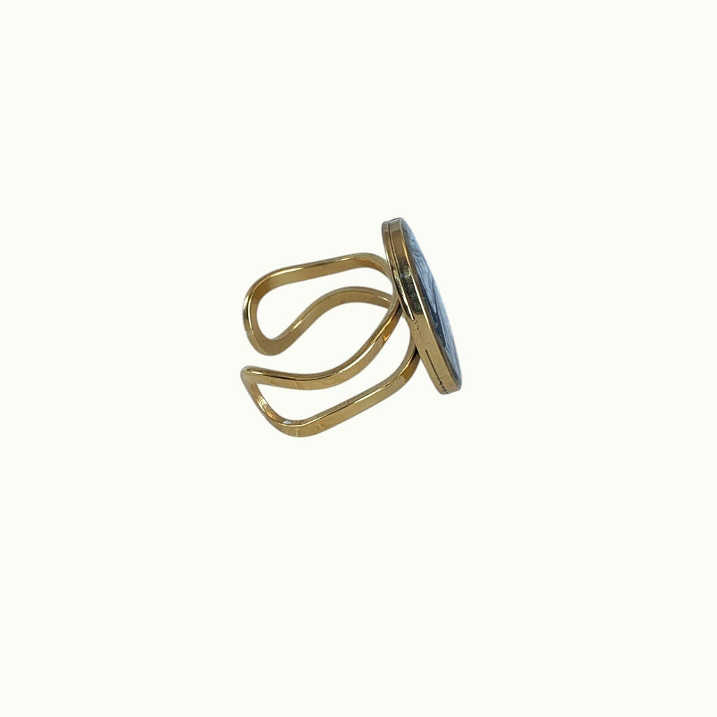Lise Fiola Creations adjustable oval ring with marbled polymer clay and 18k gold plated stainless steel band