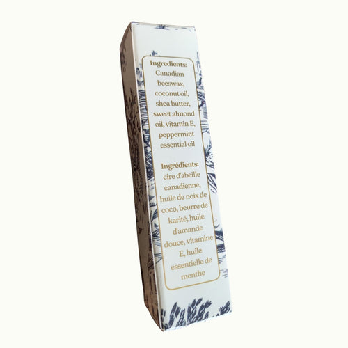 Lise Fiola Creations peppermint beeswax lip balm packaging showing ingredient list in English and French