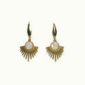 Lise Fiola Creations Sun Ray earrings featuring marbled polymer clay centers and 14k gold-plated stainless steel rays.