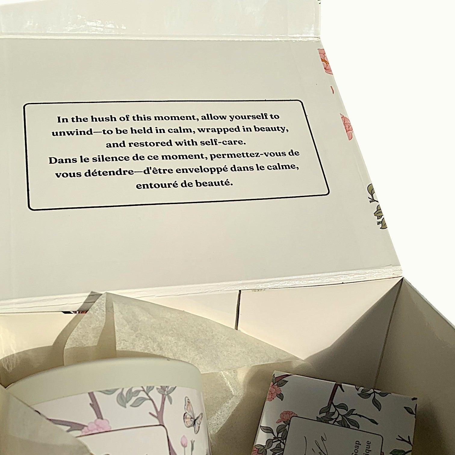 Lise Fiola Creations Tranquil Retreat gift set in an elegant magnetic keepsake box with floral packaging details