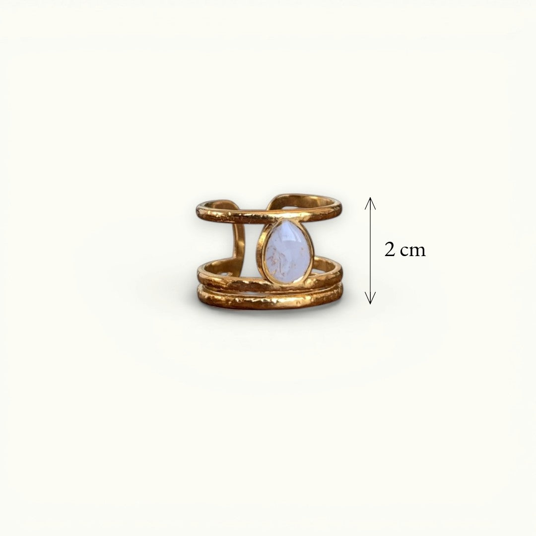 Lise Fiola Creations triple band ring with a teardrop marbled polymer clay stone and 18k gold plated finish.