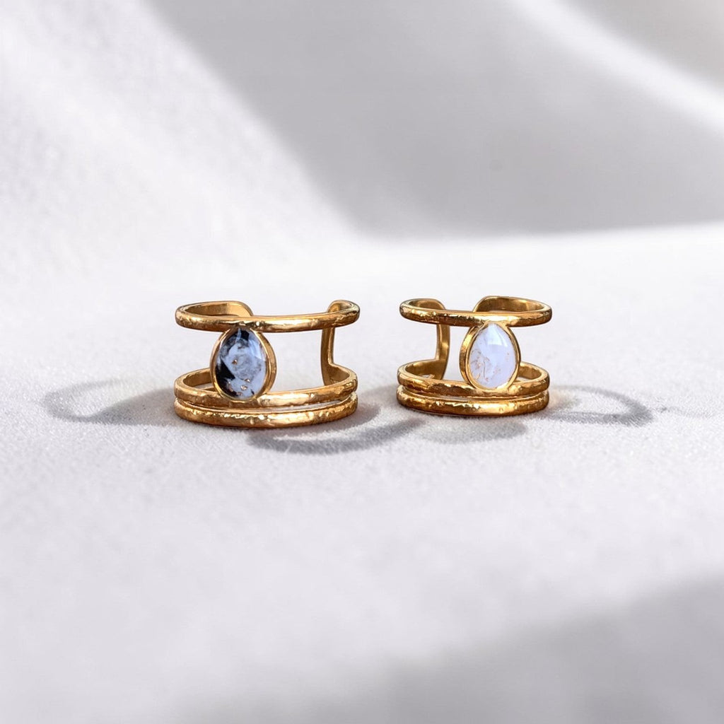 Lise Fiola Creations triple band rings in 18k gold plated stainless steel with marbled polymer clay teardrop accents.