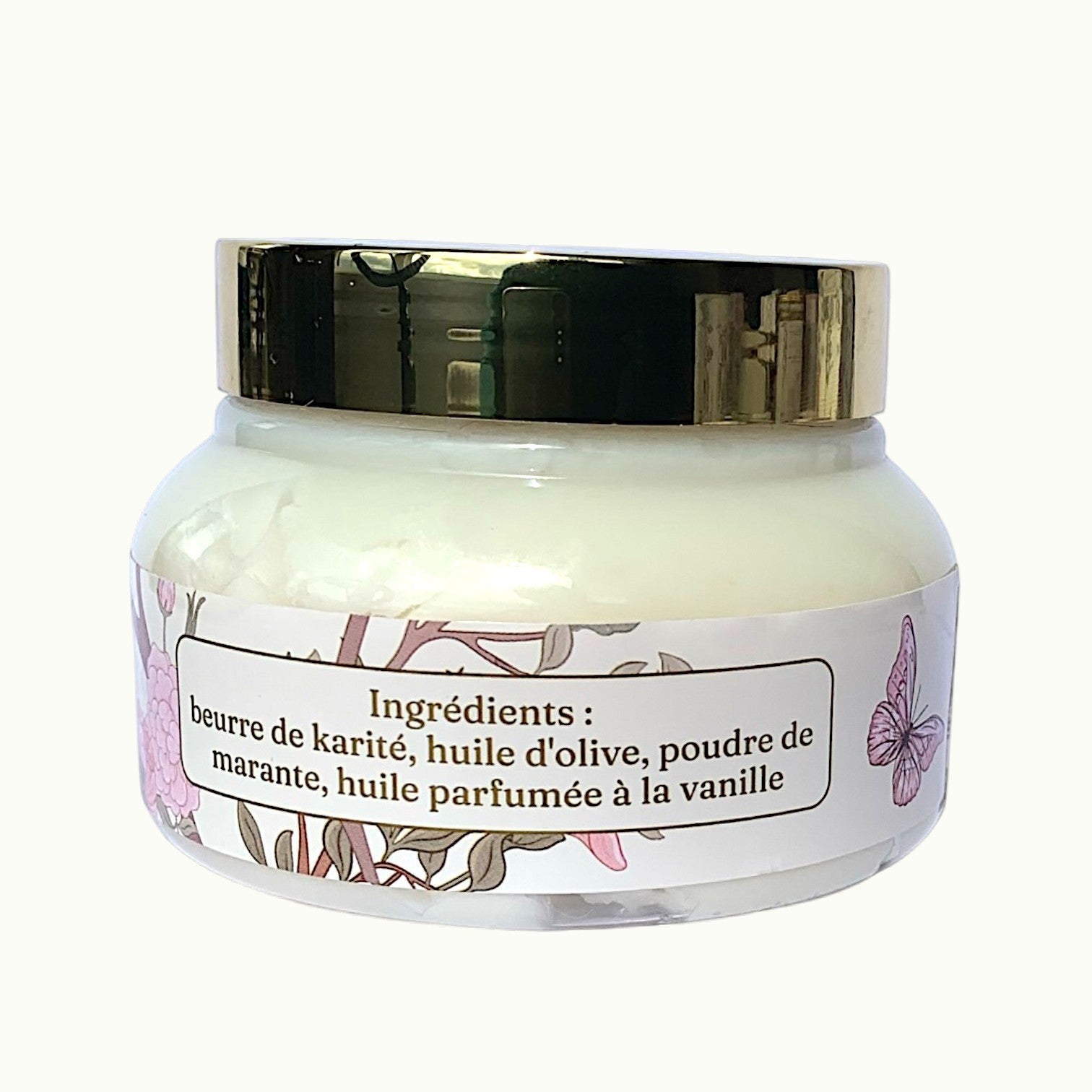 Lise Fiola Creations vanilla body butter in a 275g jar with a gold lid and floral butterfly label.