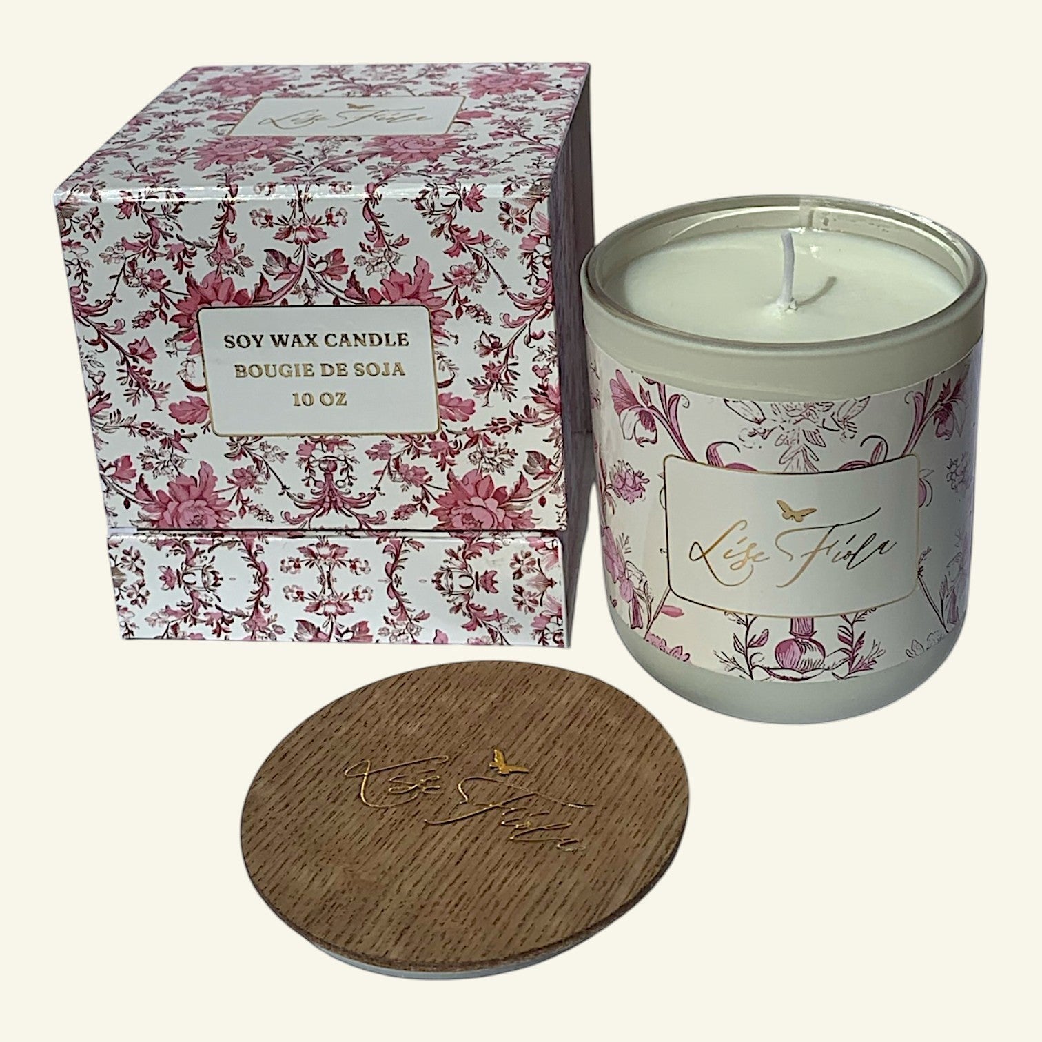 Lise Fiola Creations 10 oz vanilla coconut soy candle with floral glass jar, wooden lid, and matching keepsake gift box.