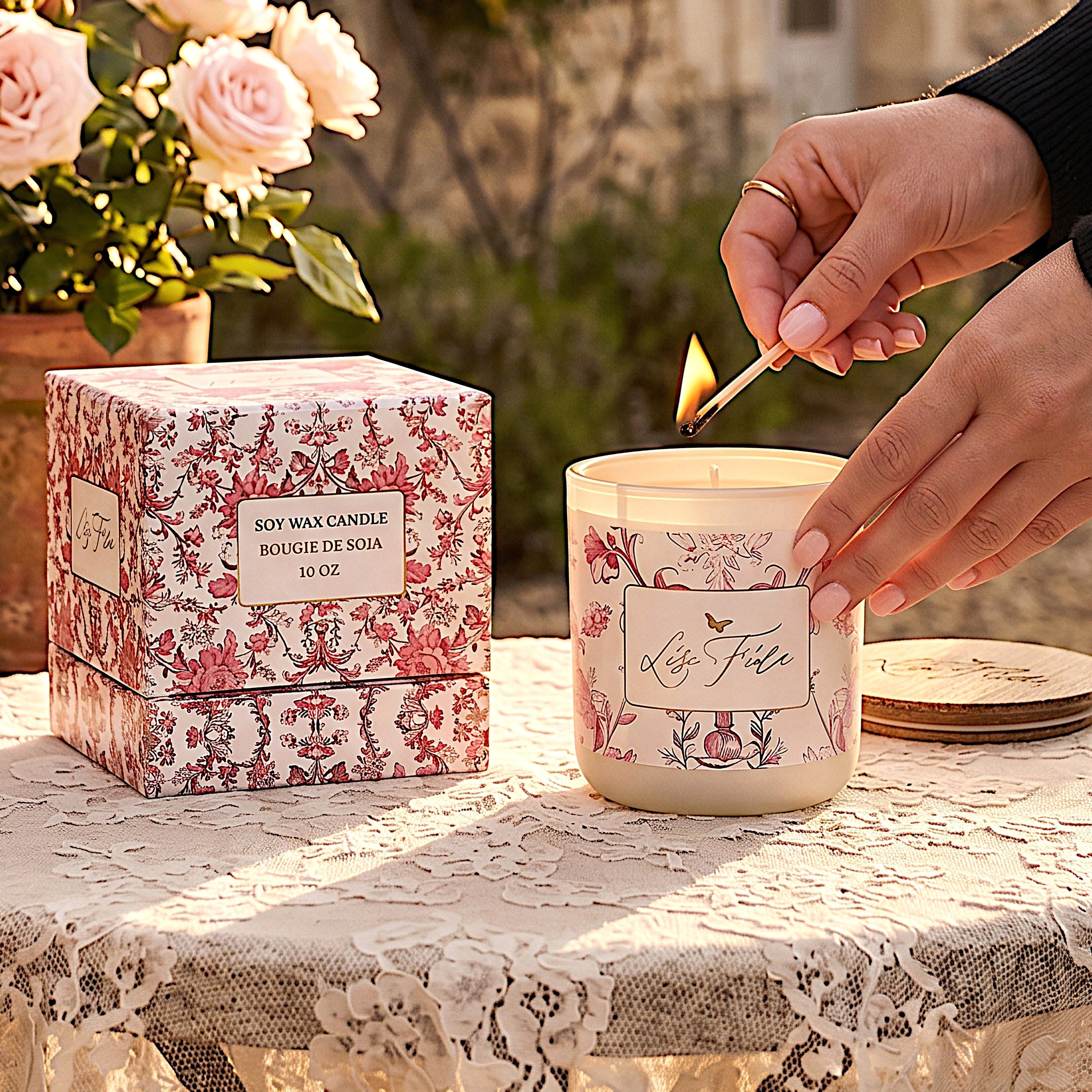 Lise Fiola Creations vanilla coconut soy wax candle in a floral glass jar with a matching magnetic keepsake gift box.