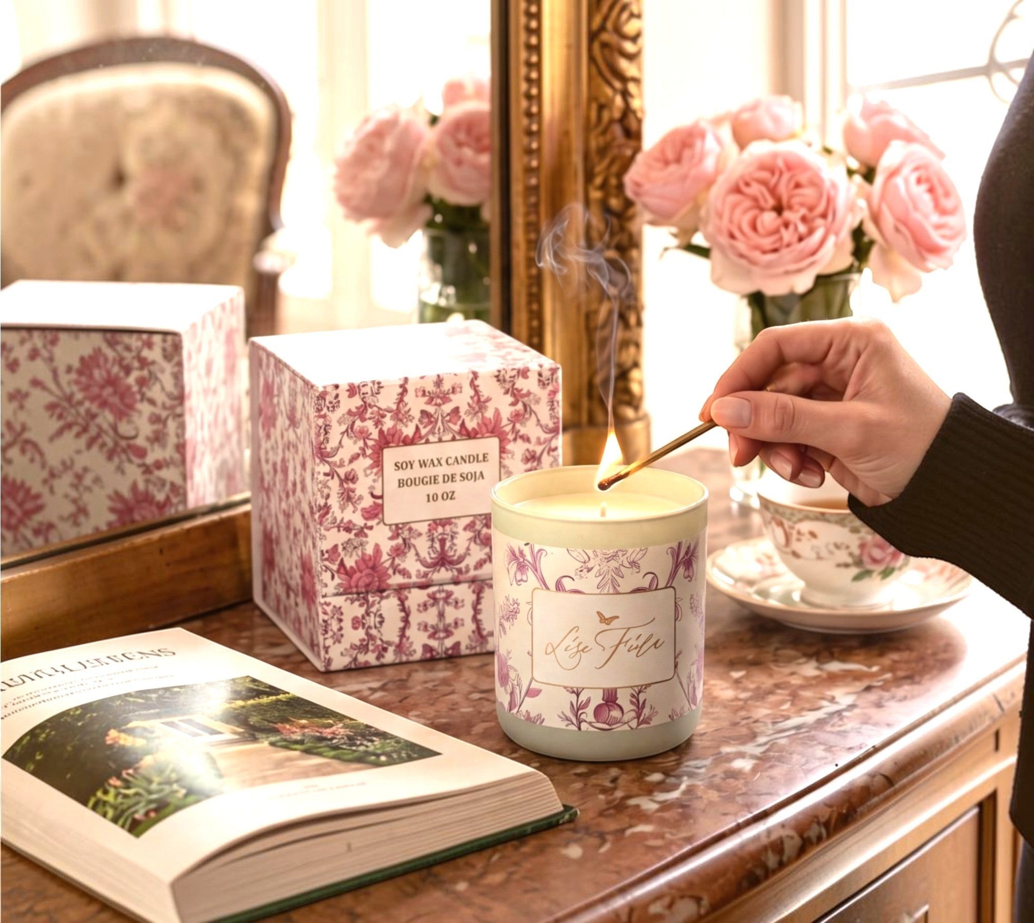 Lise Fiola Creations vanilla coconut soy wax candle in a floral patterned glass jar with a matching keepsake box.