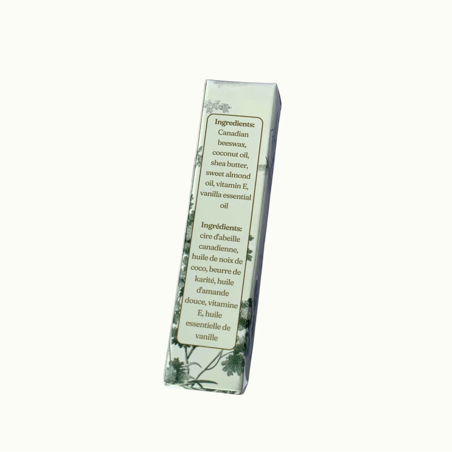 Lise Fiola Creations vanilla beeswax lip balm packaging showing ingredient list in English and French