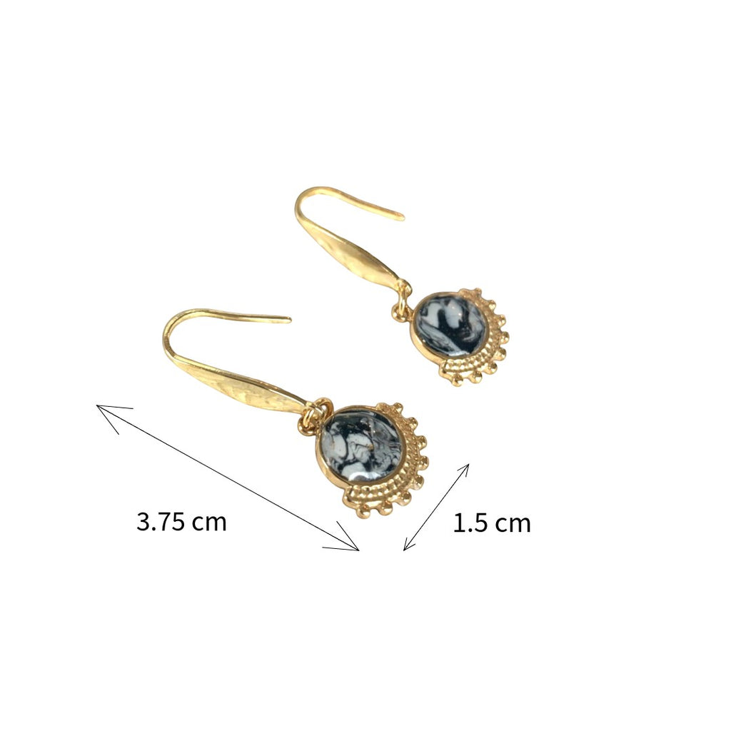 Lise Fiola Creations Wink dark earrings featuring marbled polymer clay in grey, black, and white with gold accents.