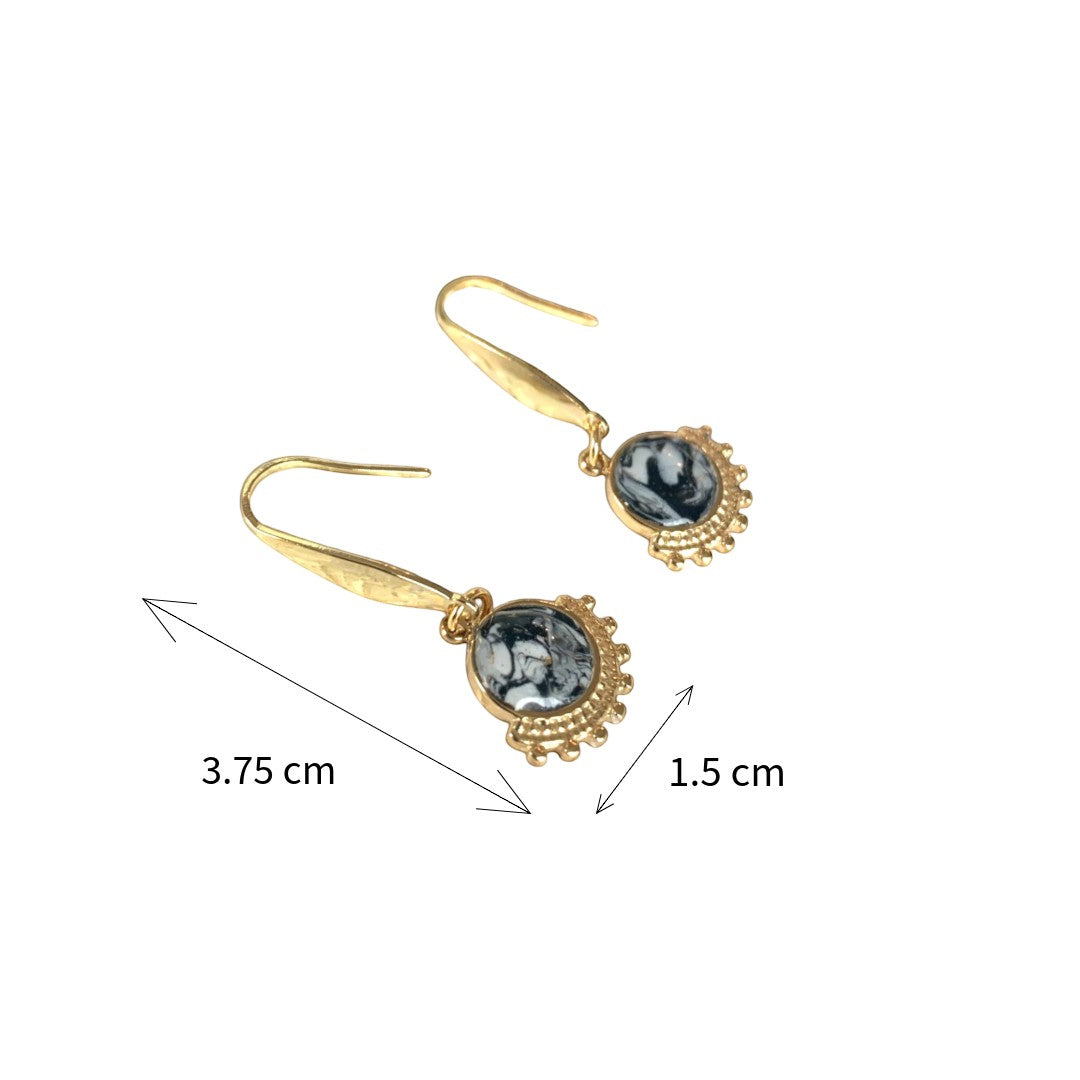 Lise Fiola Creations Wink dark earrings featuring marbled polymer clay in grey, black, and white with gold accents.
